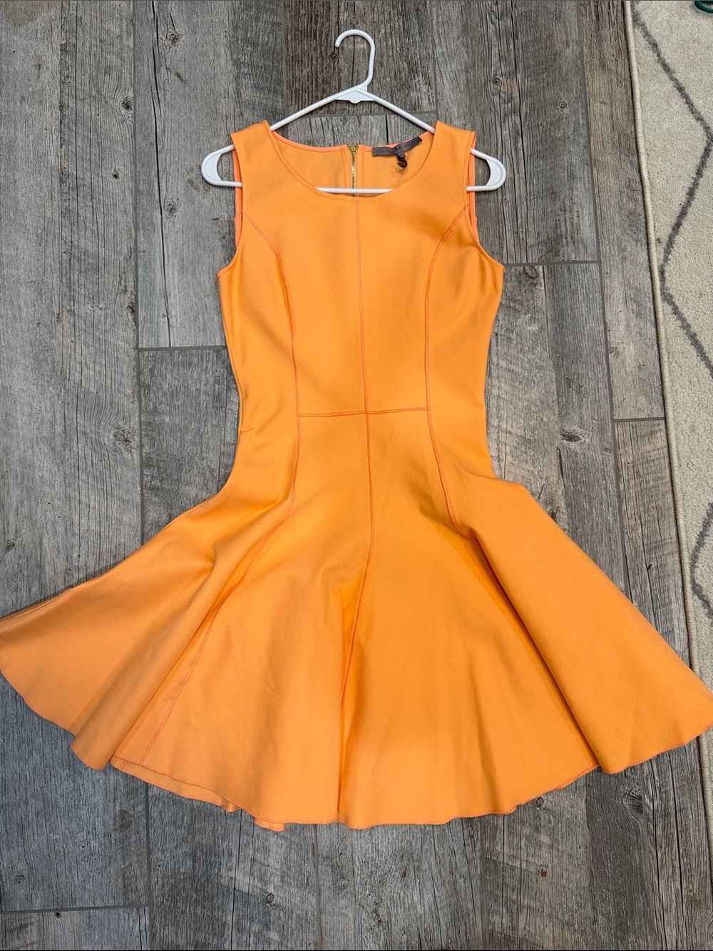 Halston Heritage Orange Fit & Flare Dress Size 2 | Sculpted Seam Detail